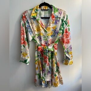 Zara Green and White Long Sleeve Wrap Dress